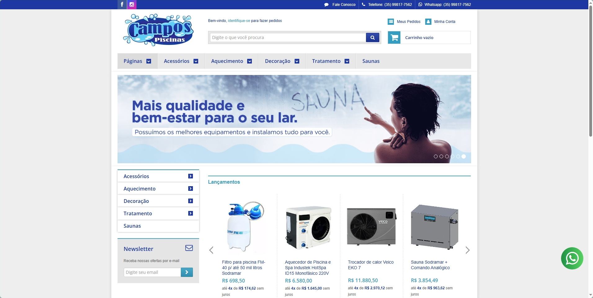 Print do site de vendas da loja Campos Piscinas